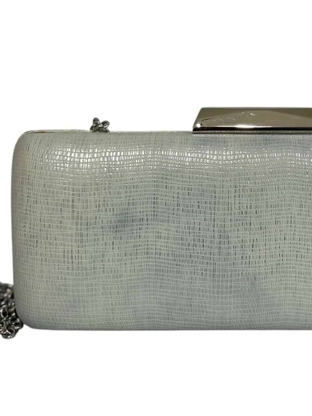 Neiman Marcus Evening Clutch White Silver Rectangle Hard Shell Wedding Purse